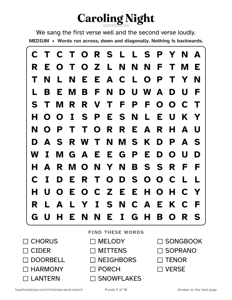 The Christmas Caroling Word Search puzzle page: a 14 by 14 grid of large letters with 14 words listed underneath