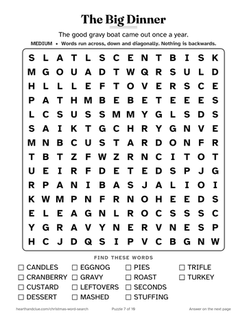 The Big Dinner word search: a 14 by 14 grid of large letters with 14 words to find