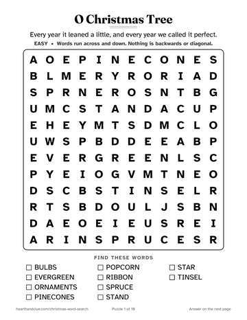 O Christmas Tree word search: a 12 by 12 grid of large letters with 10 words to find