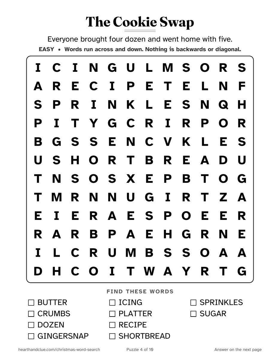 The Christmas Cookie Word Search puzzle page: a 12 by 12 grid of large letters with 10 words listed underneath
