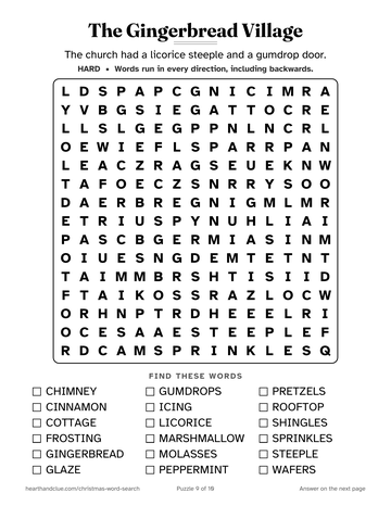 The Gingerbread Village word search: a 15 by 15 grid of large letters with 18 words to find