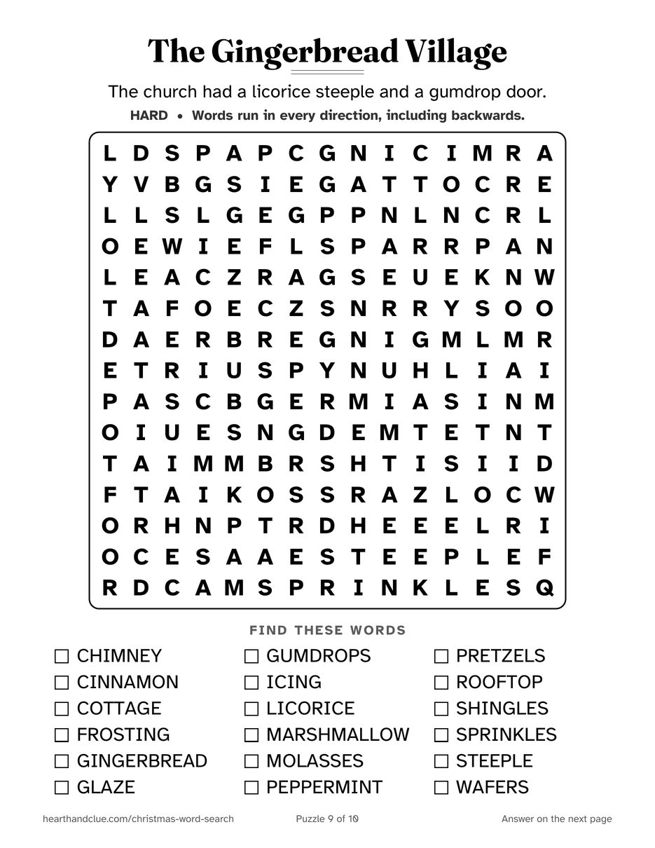The Gingerbread Word Search puzzle page: a 15 by 15 grid of large letters with 18 words listed underneath