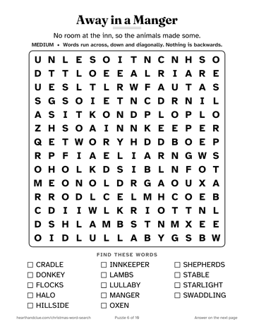 Away in a Manger word search: a 14 by 14 grid of large letters with 14 words to find