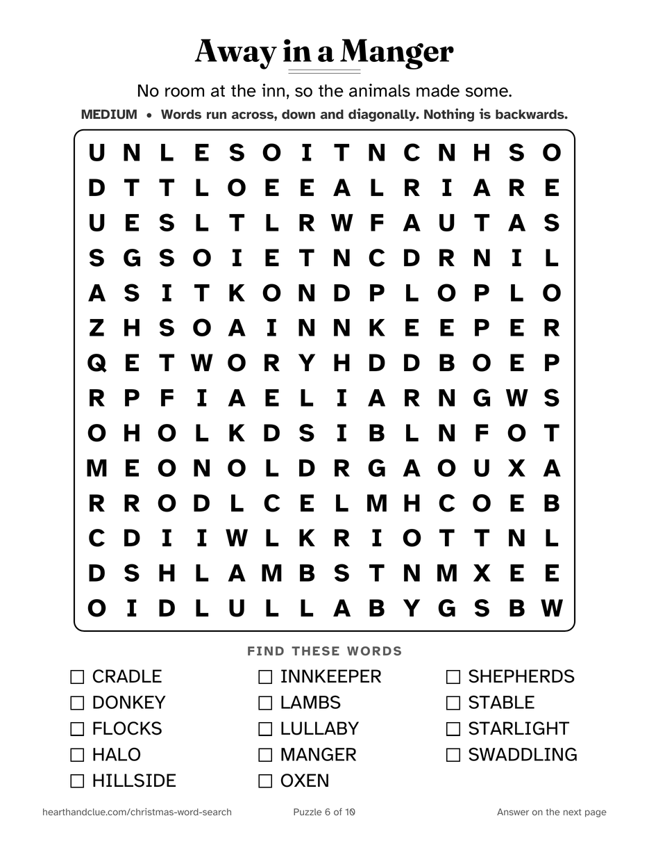 The Nativity Word Search puzzle page: a 14 by 14 grid of large letters with 14 words listed underneath