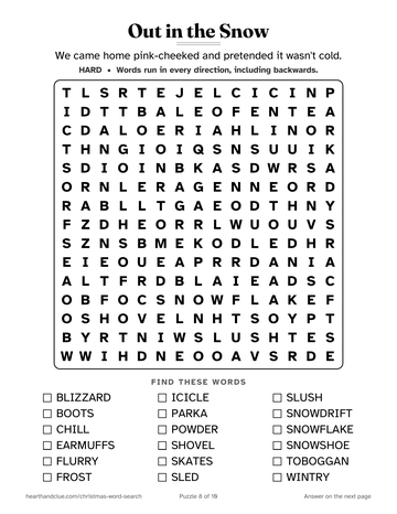 Out in the Snow word search: a 15 by 15 grid of large letters with 18 words to find