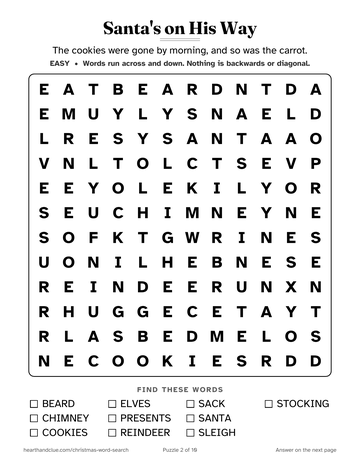 Santa's on His Way word search: a 12 by 12 grid of large letters with 10 words to find