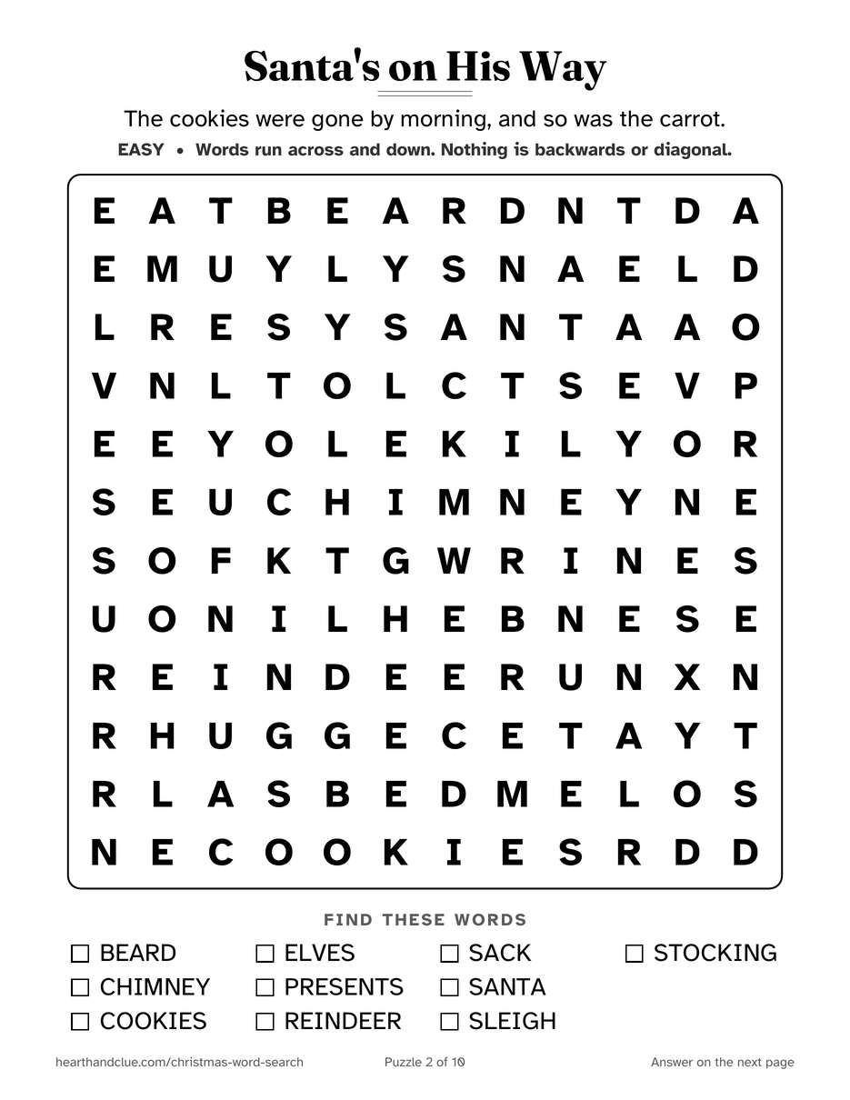 The Santa Claus Word Search puzzle page: a 12 by 12 grid of large letters with 10 words listed underneath