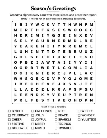 Season's Greetings word search: a 15 by 15 grid of large letters with 18 words to find