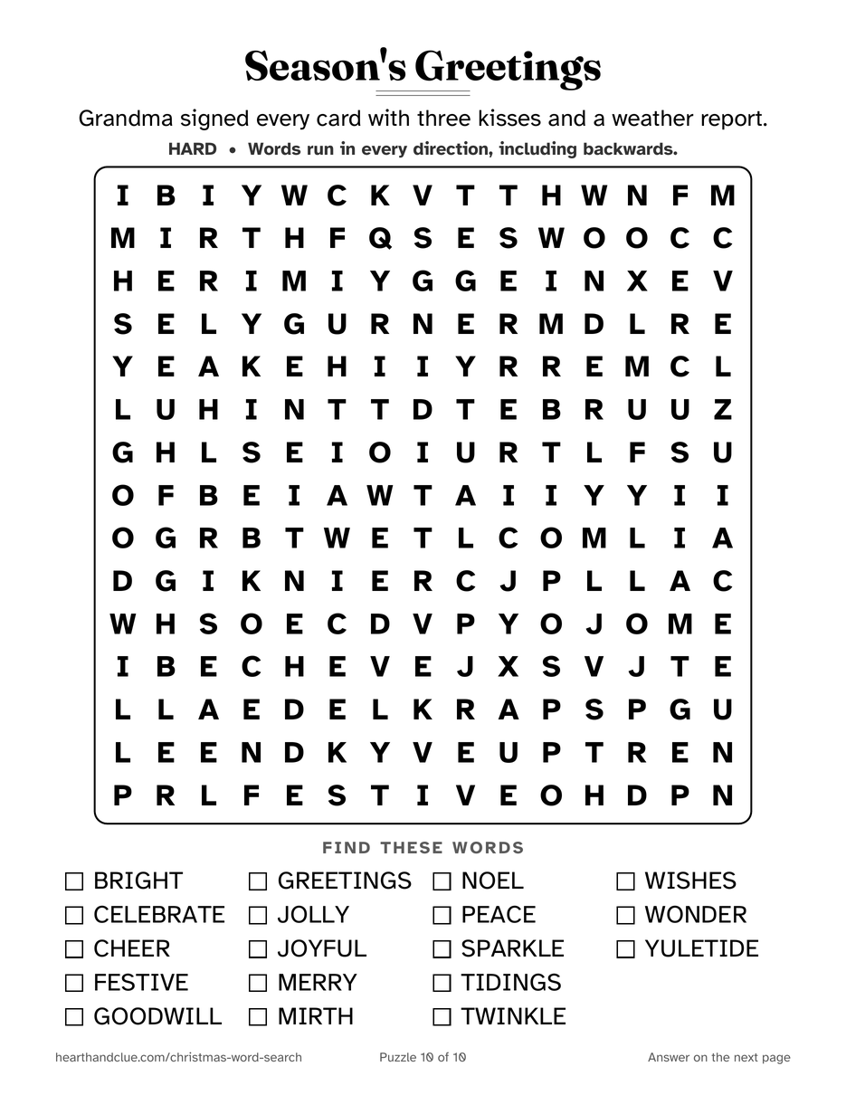 The Merry Christmas Word Search puzzle page: a 15 by 15 grid of large letters with 18 words listed underneath