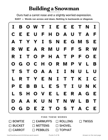 Building a Snowman word search: a 12 by 12 grid of large letters with 10 words to find