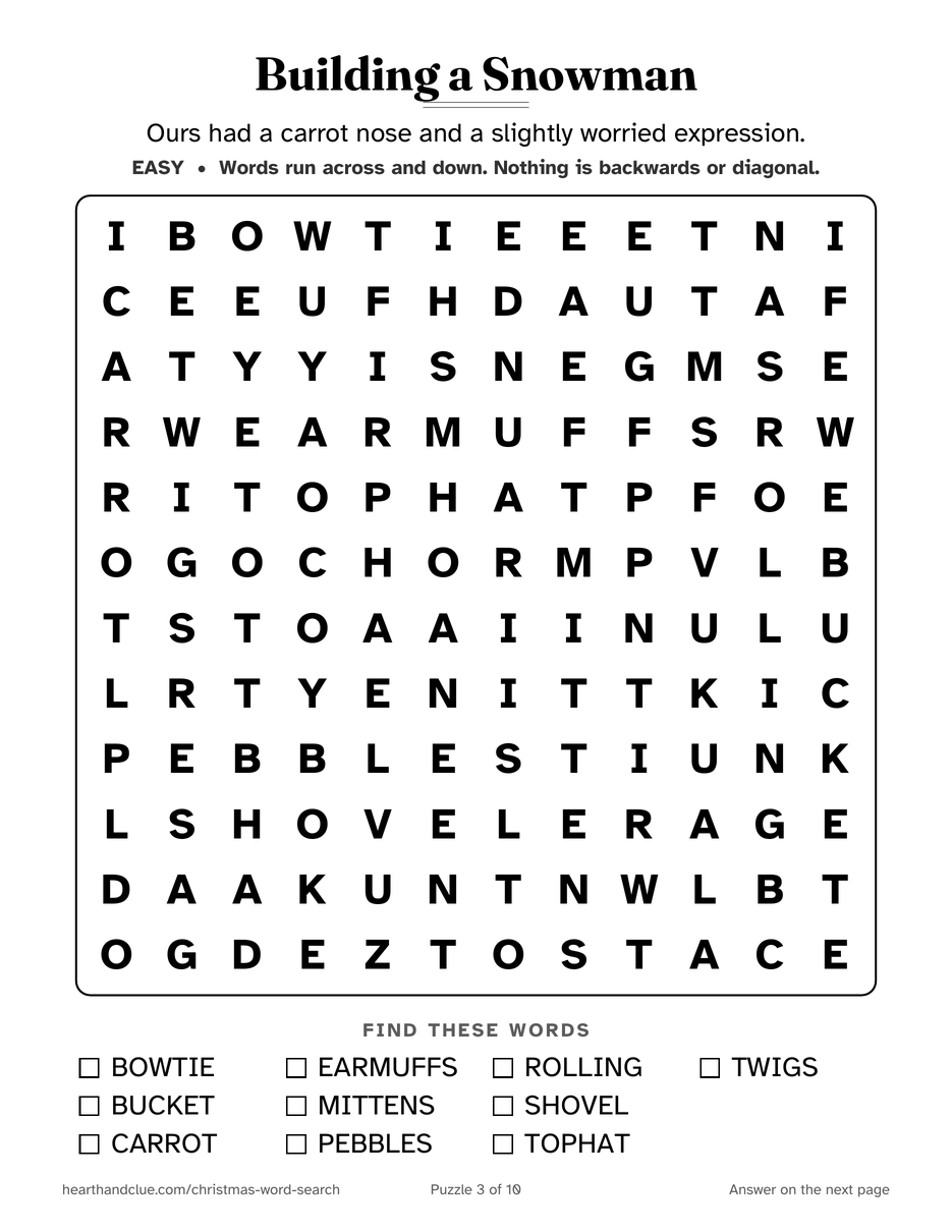 The Snowman Word Search puzzle page: a 12 by 12 grid of large letters with 10 words listed underneath