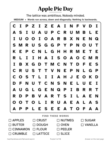 Apple Pie Day word search: a 14 by 14 grid of large letters with 14 words to find