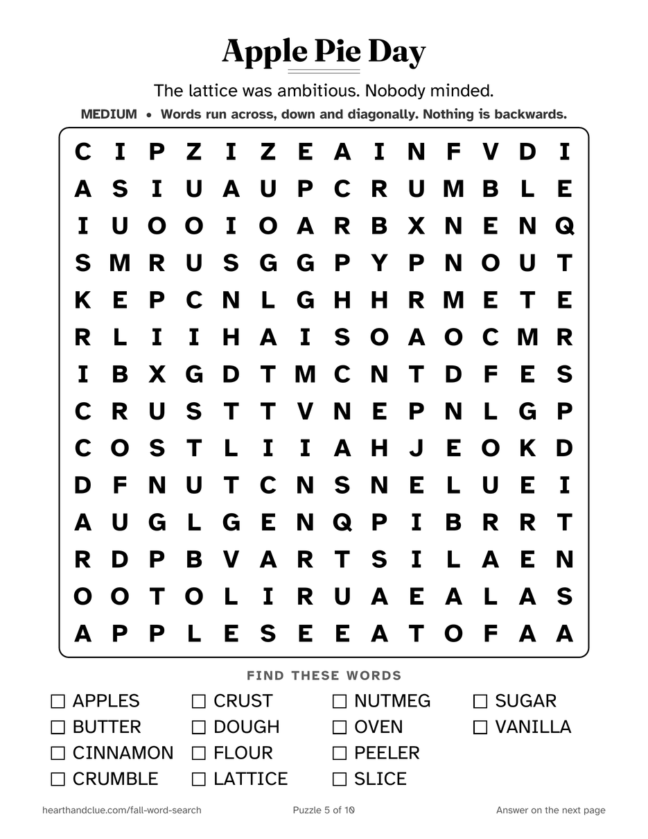 The Apple Pie Word Search puzzle page: a 14 by 14 grid of large letters with 14 words listed underneath