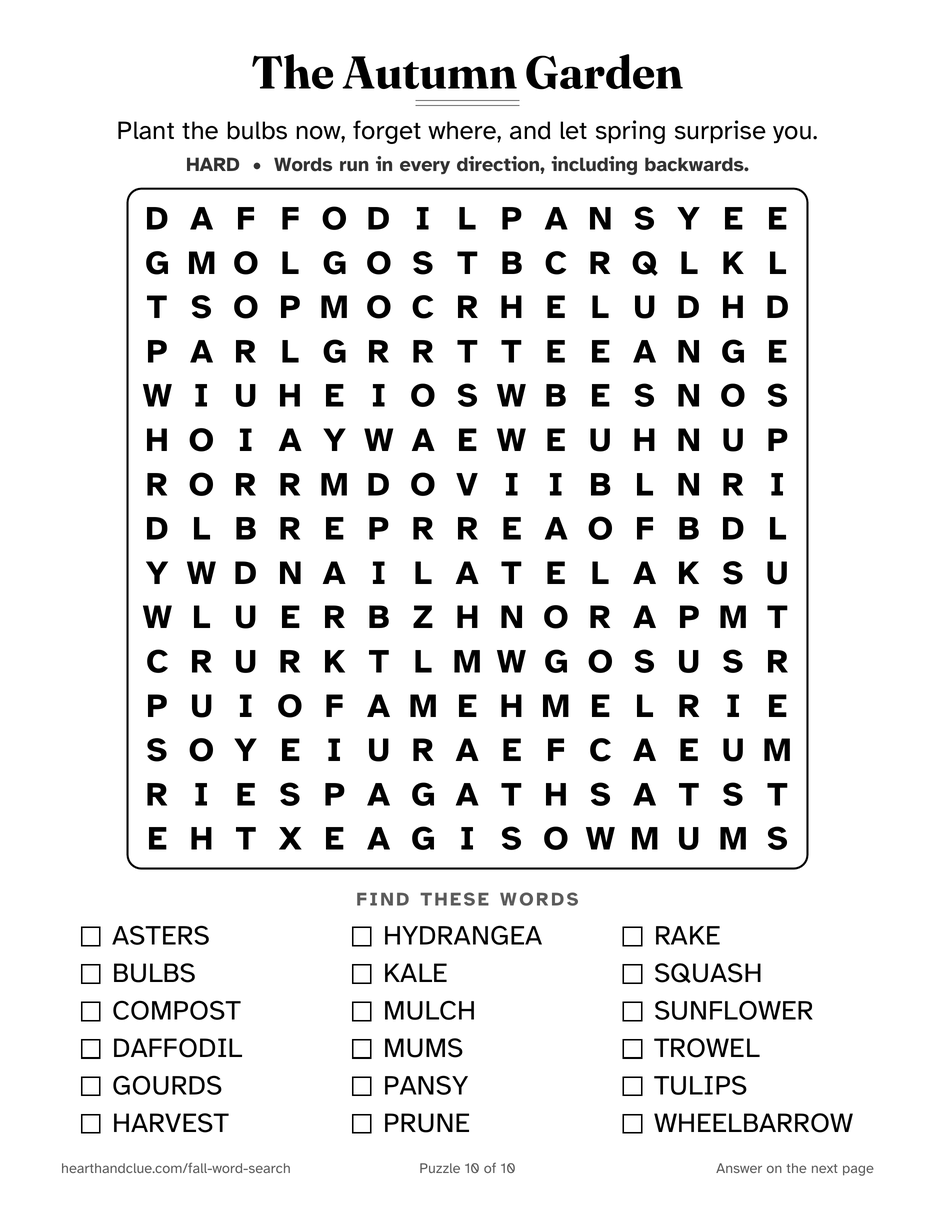 The Fall Garden Word Search puzzle page: a 15 by 15 grid of large letters with 18 words listed underneath