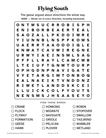 Flying South word search: a 15 by 15 grid of large letters with 18 words to find