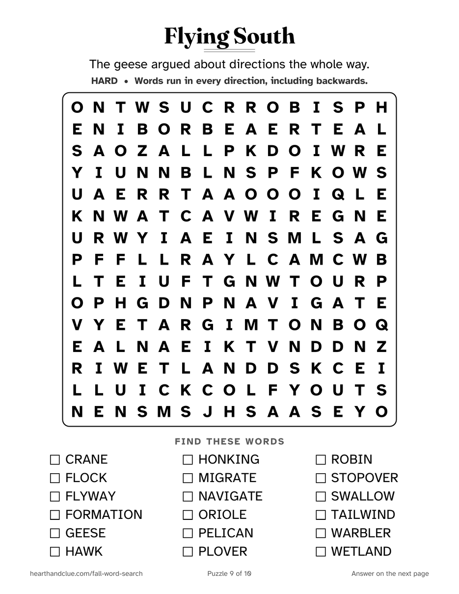 The Bird Migration Word Search puzzle page: a 15 by 15 grid of large letters with 18 words listed underneath