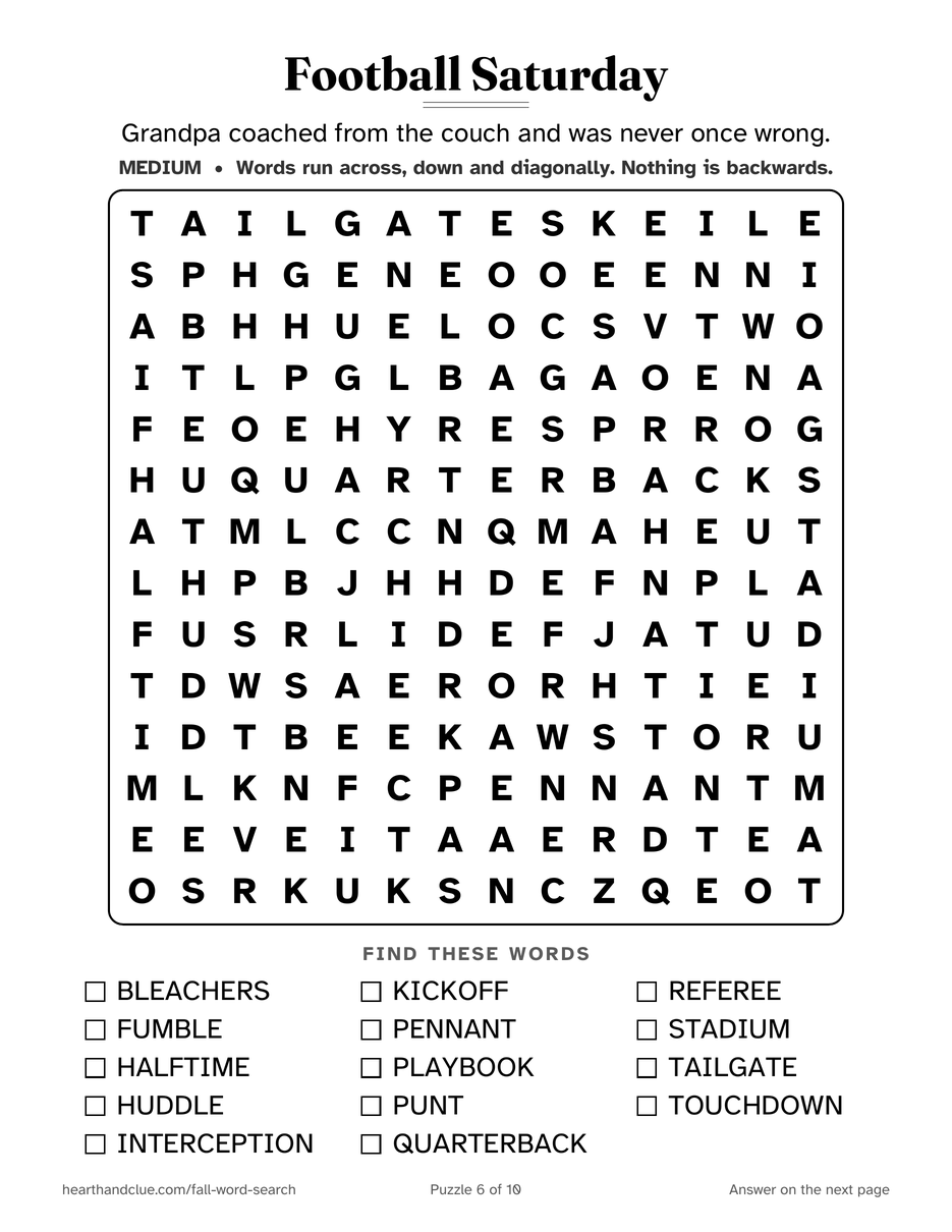 The Football Word Search puzzle page: a 14 by 14 grid of large letters with 14 words listed underneath
