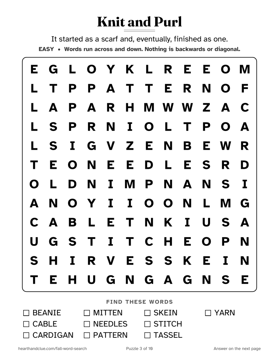 The Knitting Word Search puzzle page: a 12 by 12 grid of large letters with 10 words listed underneath