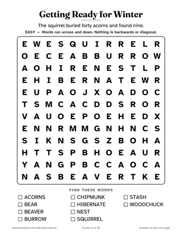 Getting Ready for Winter word search: a 12 by 12 grid of large letters with 10 words to find