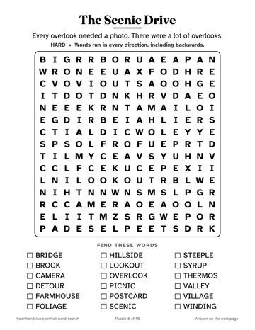 The Scenic Drive word search: a 15 by 15 grid of large letters with 18 words to find
