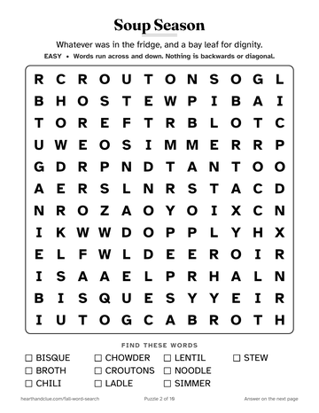 Soup Season word search: a 12 by 12 grid of large letters with 10 words to find