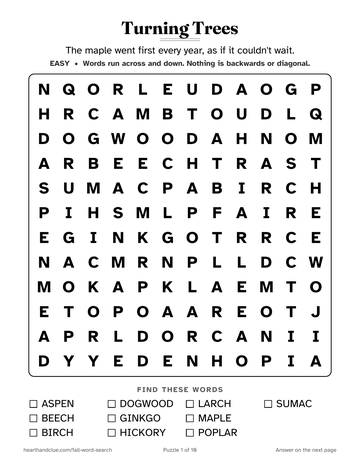 Turning Trees word search: a 12 by 12 grid of large letters with 10 words to find