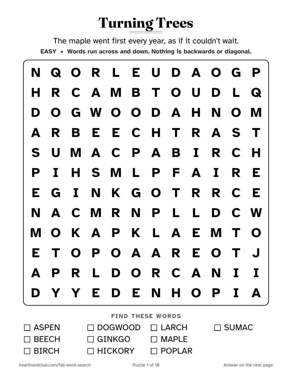 The Autumn Trees Word Search puzzle page: a 12 by 12 grid of large letters with 10 words listed underneath
