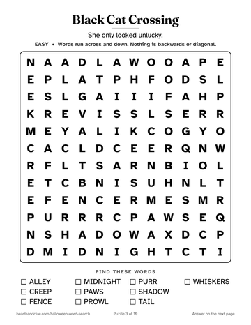 Black Cat Crossing word search: a 12 by 12 grid of large letters with 10 words to find