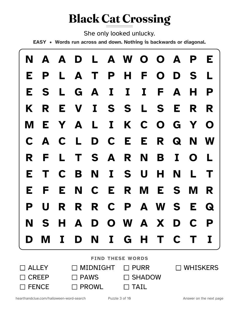 The Black Cat Word Search puzzle page: a 12 by 12 grid of large letters with 10 words listed underneath