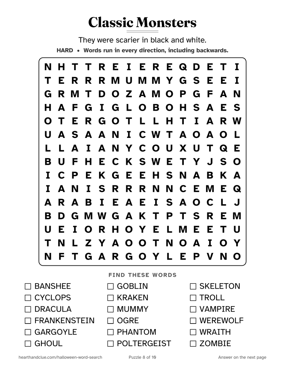 The Monster Word Search puzzle page: a 15 by 15 grid of large letters with 18 words listed underneath