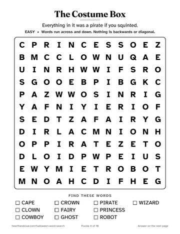 The Costume Box word search: a 12 by 12 grid of large letters with 10 words to find