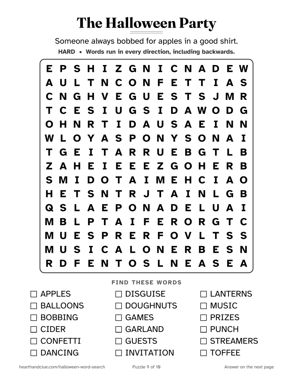 The Halloween Party Word Search puzzle page: a 15 by 15 grid of large letters with 18 words listed underneath