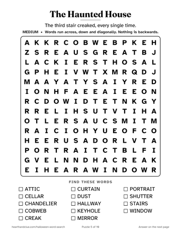 The Haunted House word search: a 14 by 14 grid of large letters with 14 words to find