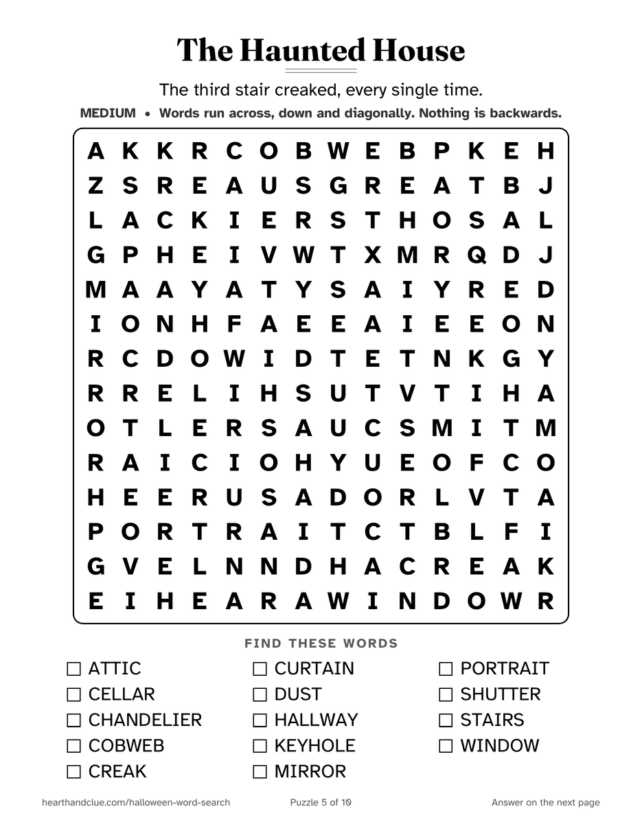 The Haunted House Word Search puzzle page: a 14 by 14 grid of large letters with 14 words listed underneath