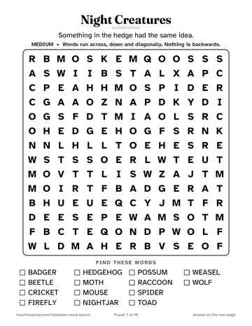 Night Creatures word search: a 14 by 14 grid of large letters with 14 words to find