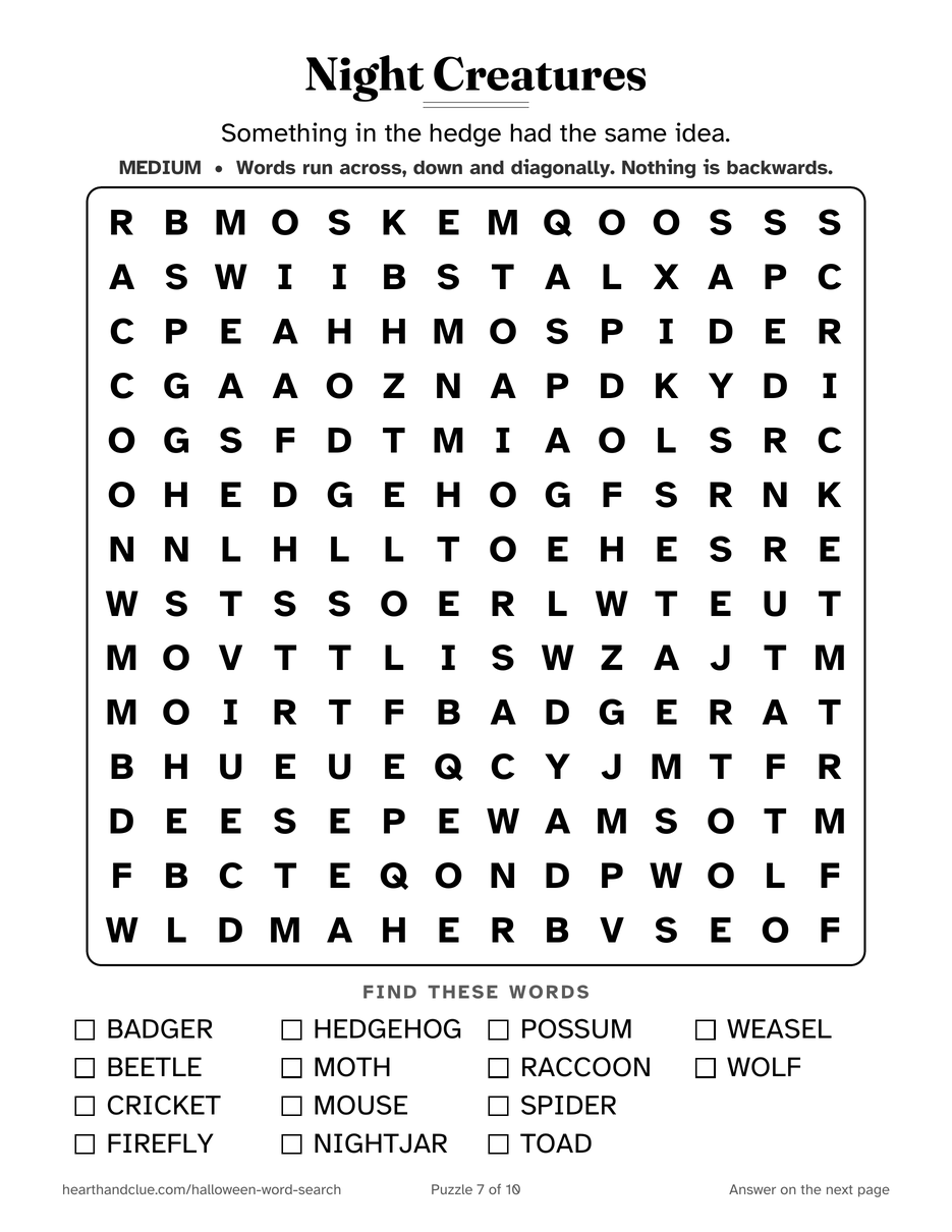 The Night Animals Word Search puzzle page: a 14 by 14 grid of large letters with 14 words listed underneath