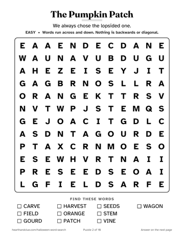 The Pumpkin Patch word search: a 12 by 12 grid of large letters with 10 words to find