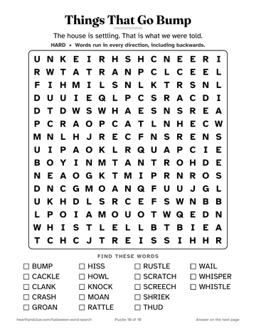 Things That Go Bump word search: a 15 by 15 grid of large letters with 18 words to find