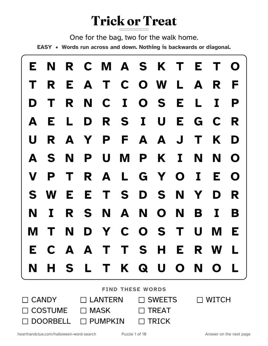 The Trick or Treat Word Search puzzle page: a 12 by 12 grid of large letters with 10 words listed underneath