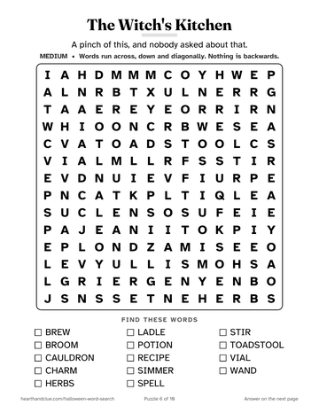The Witch's Kitchen word search: a 14 by 14 grid of large letters with 14 words to find