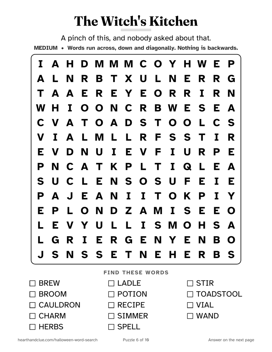 The Witch Word Search puzzle page: a 14 by 14 grid of large letters with 14 words listed underneath