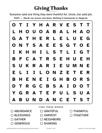Giving Thanks word search: a 12 by 12 grid of large letters with 10 words to find
