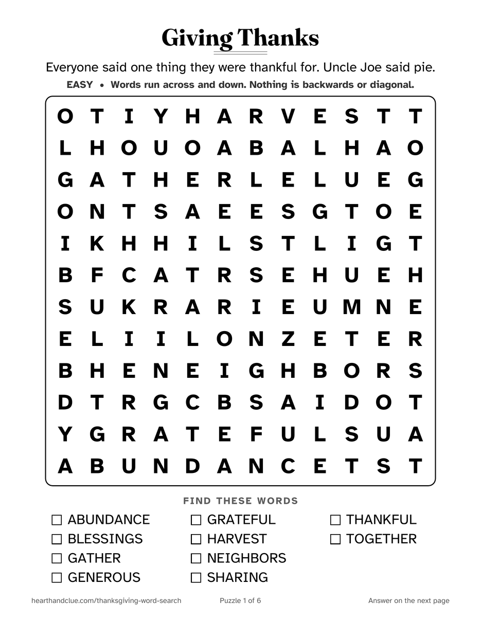 The Gratitude Word Search puzzle page: a 12 by 12 grid of large letters with 10 words listed underneath
