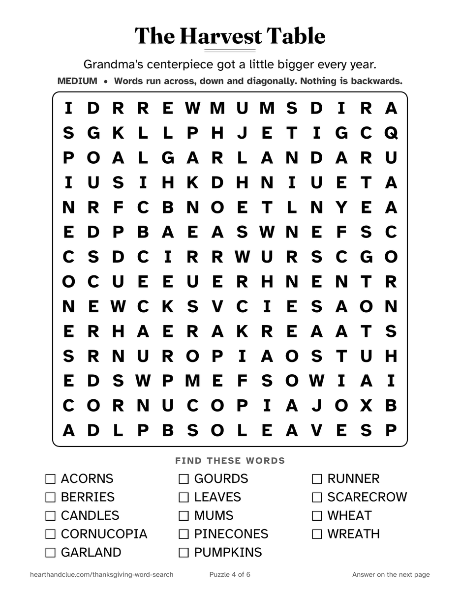 The Harvest Word Search puzzle page: a 14 by 14 grid of large letters with 14 words listed underneath
