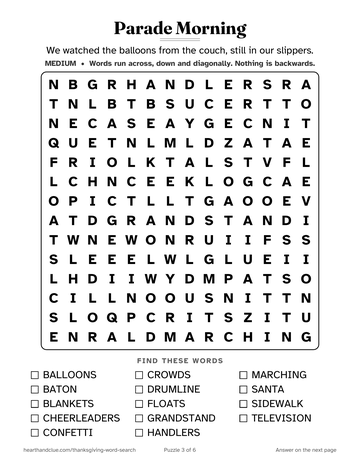 Parade Morning word search: a 14 by 14 grid of large letters with 14 words to find