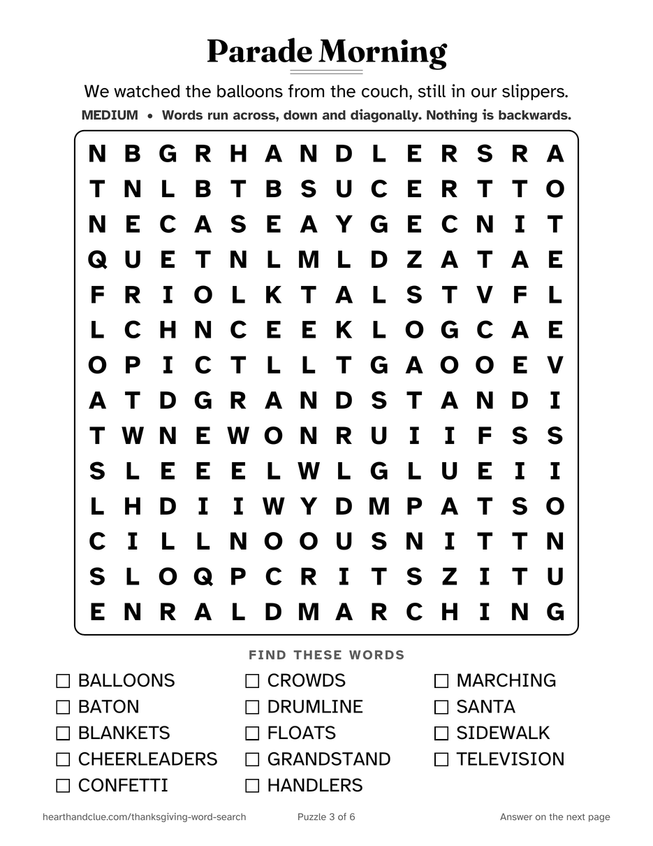 The Thanksgiving Parade Word Search puzzle page: a 14 by 14 grid of large letters with 14 words listed underneath