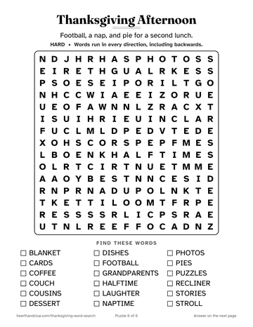 Thanksgiving Afternoon word search: a 15 by 15 grid of large letters with 18 words to find