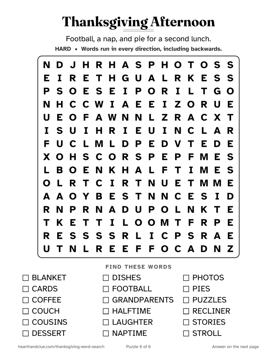 The Thanksgiving Day Word Search puzzle page: a 15 by 15 grid of large letters with 18 words listed underneath