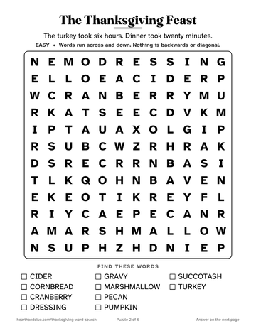 The Thanksgiving Feast word search: a 12 by 12 grid of large letters with 10 words to find