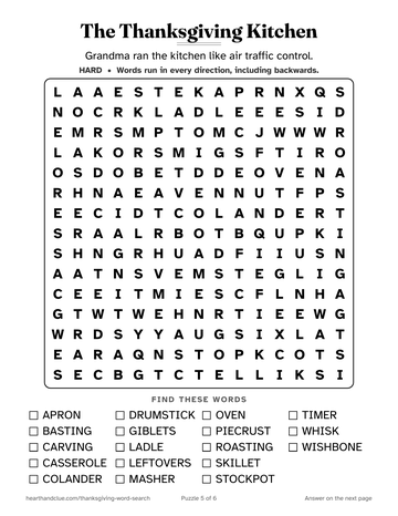 The Thanksgiving Kitchen word search: a 15 by 15 grid of large letters with 18 words to find